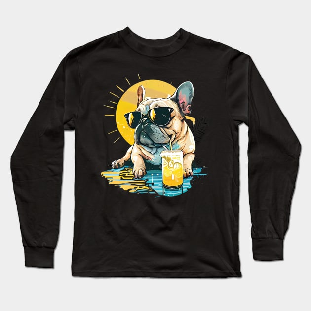 French Bulldog Clipart with Sunglasses Drinking Lemonade, Summer Vibes Long Sleeve T-Shirt by MichaelStores